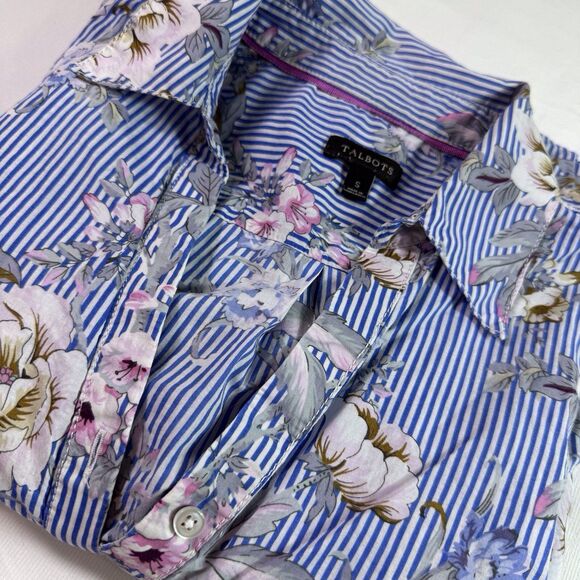 Talbots Blouse Womens‎ Sz Small Blue/White Striped Floral Cotton Button Up Shirt - Picture 1 of 10